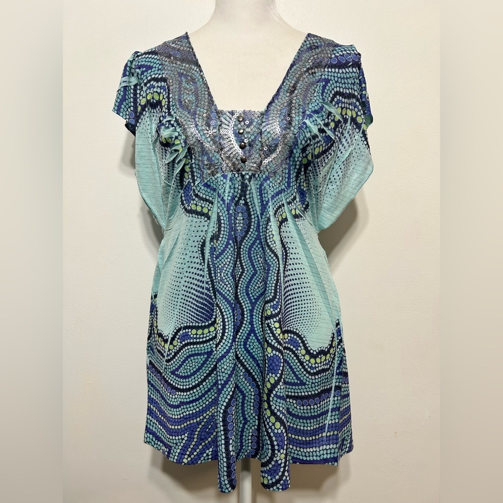 Vintage Y2K Mosaic Mermaidcore Ruffle Sleeve Baby Doll Tunic